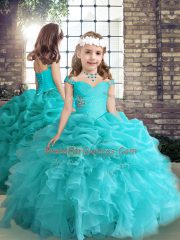 Aqua Blue Sleeveless Floor Length Beading and Ruffles and Pick Ups Lace Up Sweet 16 Dresses