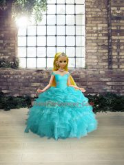 Aqua Blue Sleeveless Floor Length Beading and Ruffles and Pick Ups Lace Up Sweet 16 Dresses