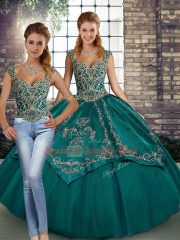 Sweet Straps Sleeveless Sweet 16 Dresses Floor Length Beading and Embroidery Teal Tulle