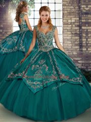 Sweet Straps Sleeveless Sweet 16 Dresses Floor Length Beading and Embroidery Teal Tulle