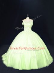 Custom Design Off The Shoulder Sleeveless Court Train Lace Up Quinceanera Gown Yellow Green Tulle