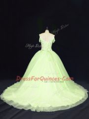 Custom Design Off The Shoulder Sleeveless Court Train Lace Up Quinceanera Gown Yellow Green Tulle