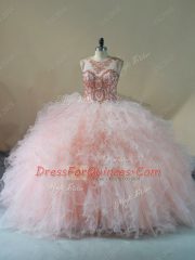 Smart Sleeveless Beading and Ruffles Lace Up Ball Gown Prom Dress with Pink Brush Train