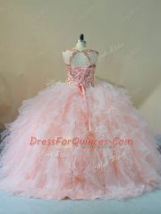 Smart Sleeveless Beading and Ruffles Lace Up Ball Gown Prom Dress with Pink Brush Train