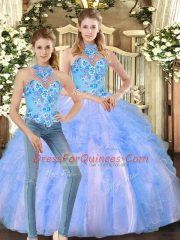 Edgy Sleeveless Tulle Floor Length Lace Up Quince Ball Gowns in Multi-color with Embroidery and Ruffles