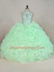 Hot Sale Sleeveless Fabric With Rolling Flowers Lace Up Sweet 16 Quinceanera Dress in Apple Green with Beading and Ruffles