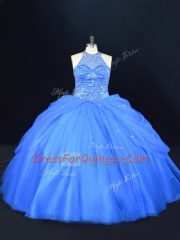 Clearance Blue Halter Top Neckline Beading Sweet 16 Dress Sleeveless Lace Up