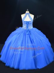 Clearance Blue Halter Top Neckline Beading Sweet 16 Dress Sleeveless Lace Up