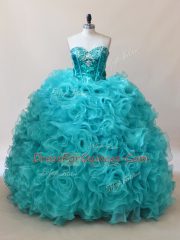 Aqua Blue Fabric With Rolling Flowers Sweetheart Sleeveless Floor Length Sweet 16 Dresses Ruffles and Sequins