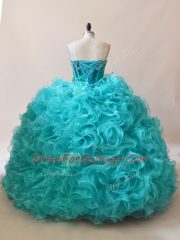 Aqua Blue Fabric With Rolling Flowers Sweetheart Sleeveless Floor Length Sweet 16 Dresses Ruffles and Sequins