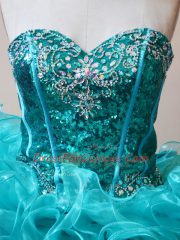 Aqua Blue Fabric With Rolling Flowers Sweetheart Sleeveless Floor Length Sweet 16 Dresses Ruffles and Sequins