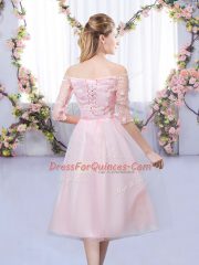 Baby Pink Off The Shoulder Neckline Lace and Belt Quinceanera Dama Dress Half Sleeves Lace Up