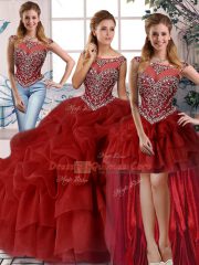 Fine Three Pieces Sleeveless Wine Red Vestidos de Quinceanera Brush Train Zipper