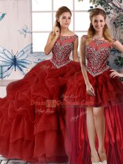 Fine Three Pieces Sleeveless Wine Red Vestidos de Quinceanera Brush Train Zipper