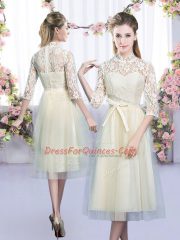 Lace and Bowknot Dama Dress for Quinceanera Champagne Zipper Half Sleeves Tea Length