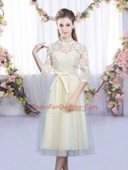Lace and Bowknot Dama Dress for Quinceanera Champagne Zipper Half Sleeves Tea Length
