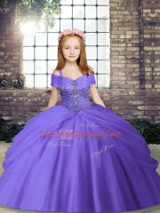Lavender Ball Gowns Tulle Spaghetti Straps Sleeveless Beading Floor Length Lace Up Pageant Dress Womens