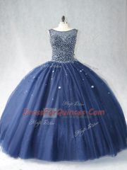 Sleeveless Tulle Zipper Sweet 16 Dress in Navy Blue with Beading