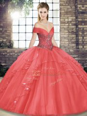 Fine Watermelon Red Lace Up 15th Birthday Dress Beading and Ruffles Sleeveless Floor Length