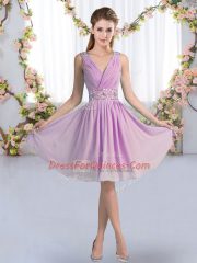 Custom Designed Lavender Sleeveless Knee Length Beading Zipper Dama Dress for Quinceanera