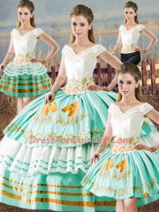 Satin V-neck Sleeveless Lace Up Embroidery and Ruffled Layers Ball Gown Prom Dress in Apple Green