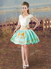 Satin V-neck Sleeveless Lace Up Embroidery and Ruffled Layers Ball Gown Prom Dress in Apple Green