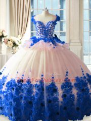 Blue And White Ball Gowns Tulle Scoop Sleeveless Hand Made Flower Zipper 15th Birthday Dress Brush Train