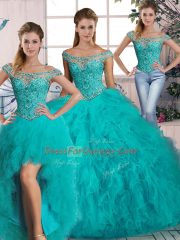 Comfortable Aqua Blue Off The Shoulder Lace Up Beading and Ruffles Quinceanera Gown Brush Train Sleeveless