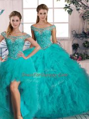 Comfortable Aqua Blue Off The Shoulder Lace Up Beading and Ruffles Quinceanera Gown Brush Train Sleeveless