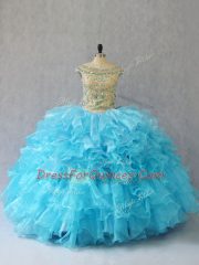 Adorable Off The Shoulder Sleeveless Quince Ball Gowns Floor Length Ruffles Baby Blue Organza