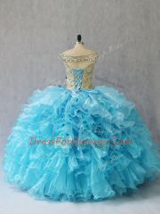 Adorable Off The Shoulder Sleeveless Quince Ball Gowns Floor Length Ruffles Baby Blue Organza