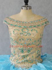 Adorable Off The Shoulder Sleeveless Quince Ball Gowns Floor Length Ruffles Baby Blue Organza