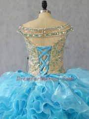 Adorable Off The Shoulder Sleeveless Quince Ball Gowns Floor Length Ruffles Baby Blue Organza