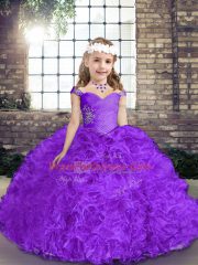 Purple Sleeveless Floor Length Beading Lace Up Pageant Gowns For Girls