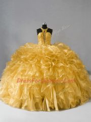Fashionable Gold Organza Zipper High-neck Sleeveless Floor Length Vestidos de Quinceanera Beading and Ruffles