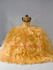 Fashionable Gold Organza Zipper High-neck Sleeveless Floor Length Vestidos de Quinceanera Beading and Ruffles