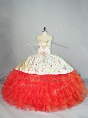 Fantastic Coral Red Ball Gowns Organza Sweetheart Sleeveless Embroidery and Ruffles Floor Length Lace Up 15th Birthday Dress