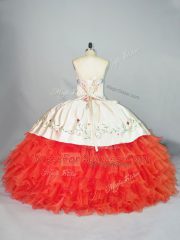 Fantastic Coral Red Ball Gowns Organza Sweetheart Sleeveless Embroidery and Ruffles Floor Length Lace Up 15th Birthday Dress
