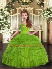 Inexpensive Olive Green Lace Up Little Girl Pageant Dress Ruffles Sleeveless Floor Length