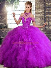 Glamorous Floor Length Purple Quince Ball Gowns Tulle Sleeveless Beading and Ruffles