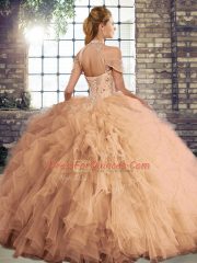 Glamorous Floor Length Purple Quince Ball Gowns Tulle Sleeveless Beading and Ruffles