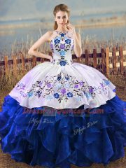 Extravagant Blue And White Halter Top Neckline Embroidery and Ruffles Quinceanera Dresses Sleeveless Lace Up