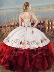 Extravagant Blue And White Halter Top Neckline Embroidery and Ruffles Quinceanera Dresses Sleeveless Lace Up