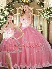 Top Selling Floor Length Watermelon Red Sweet 16 Quinceanera Dress Tulle Sleeveless Beading and Appliques