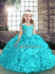 Hot Selling Floor Length Ball Gowns Sleeveless Aqua Blue Evening Gowns Lace Up