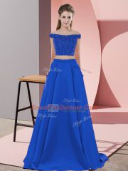 Romantic Royal Blue Elastic Woven Satin Backless Off The Shoulder Sleeveless Dress for Prom Sweep Train Beading