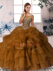 Exceptional Scoop Sleeveless Quince Ball Gowns Brush Train Beading and Pick Ups Brown Organza
