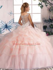 Exceptional Scoop Sleeveless Quince Ball Gowns Brush Train Beading and Pick Ups Brown Organza