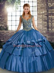 Custom Design Blue Sleeveless Beading and Ruffled Layers Floor Length Quinceanera Gowns