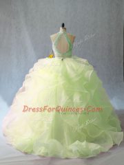 Custom Design Sleeveless Organza Brush Train Backless Sweet 16 Dresses in Yellow Green with Beading and Ruffles